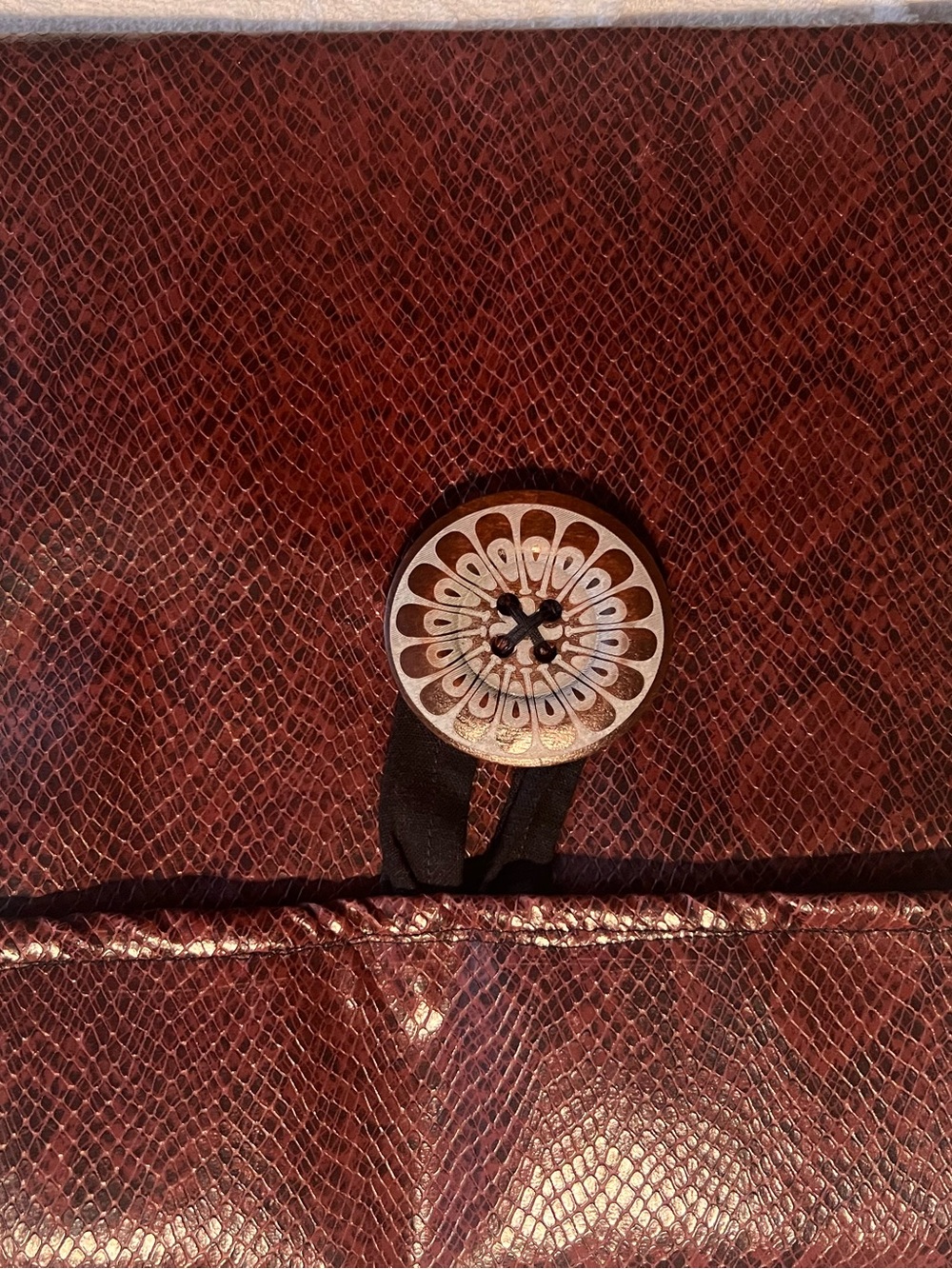 Women’s Brown Faux-Snake Leather Clutch with Decorative Button